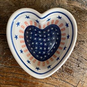 🇺🇸Patriotic🇵🇱Polish Pottery Heart-Shaped Stars & Stripes Ceramic Dish